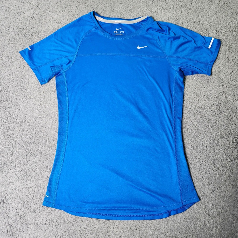 Nike Mens S Miler Running Shirt Blue Dri-FIT Short Sleeve Reflective 6726